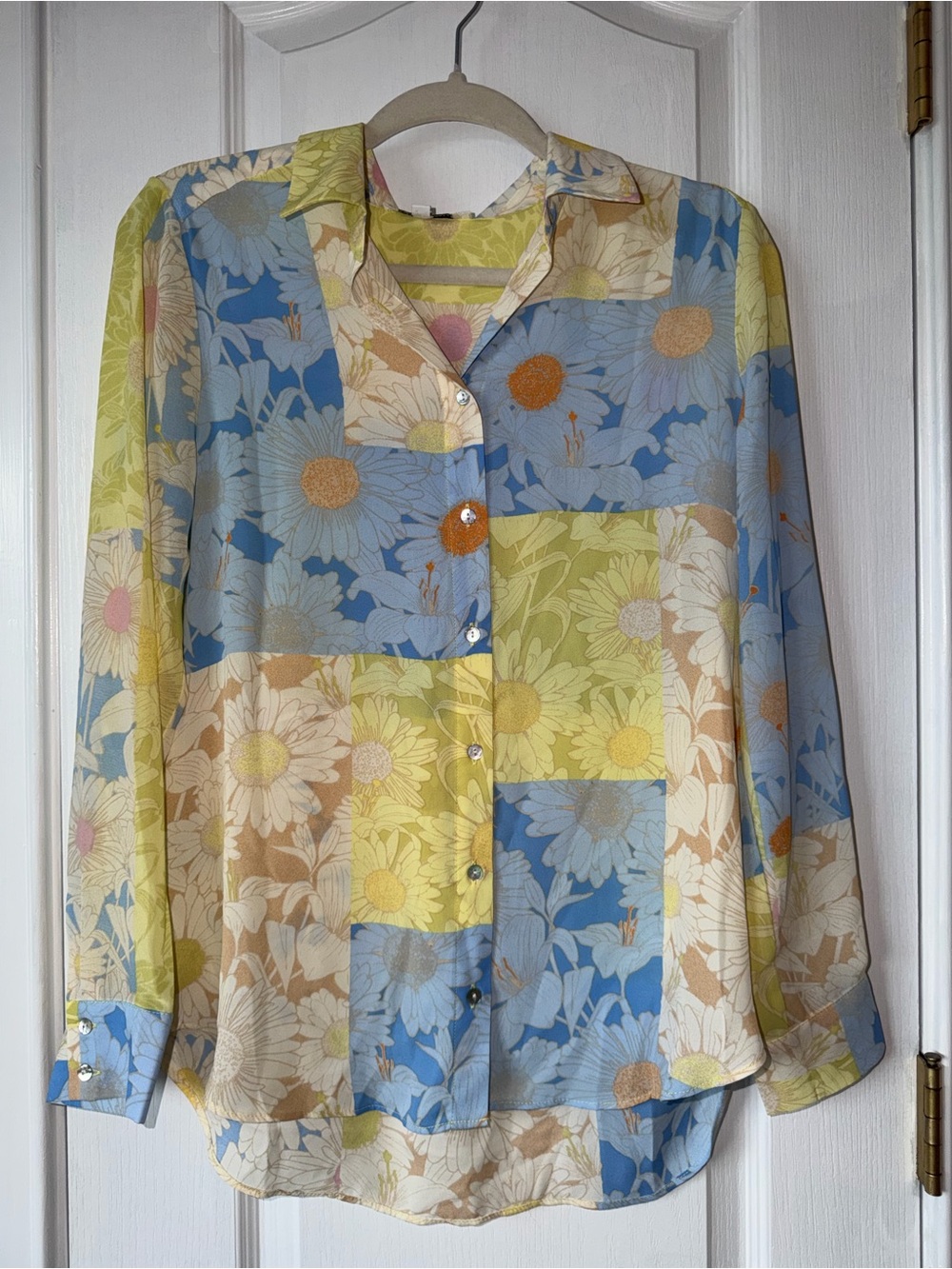 Sheer Floral Patchwork Button-Up Blouse - Blue, Yellow, Cream